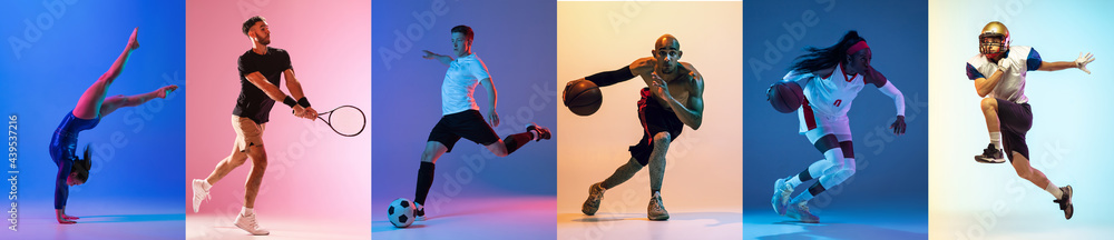 Collage of different professional sportsmen, fit people isolated on color background. Flyer. - obrazy, fototapety, plakaty 