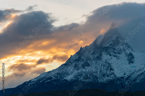 Sunrise and sunset scenery, majestic mountain peaks. Torres del Paine National Park, a popular travel destination in Chile. The stunning natural scenery of South America.