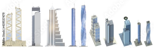 10 side view detailed renders of fictional design corporate tall buildings with cloudy sky reflections - isolated, 3d illustration of skyscrapers