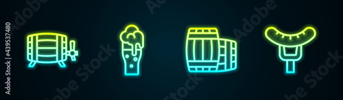 Set line Wooden barrel, Glass of beer, and Sausage on the fork. Glowing neon icon. Vector