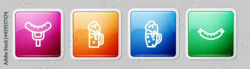 Set line Sausage on the fork, Wooden beer mug, Glass of and . Colorful square button. Vector