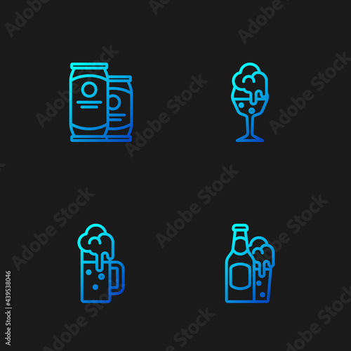Set line Beer bottle and glass, Wooden beer mug, can and Glass of. Gradient color icons. Vector