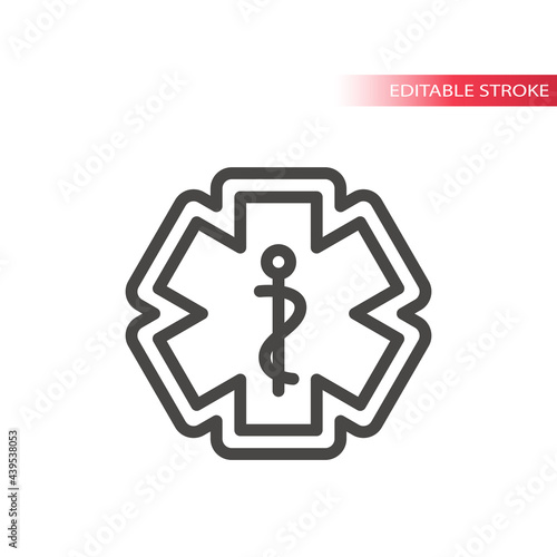 First aid, medical emergency vector icon. Rod of asclepius or aesculapius with snake, ems icon, editable stroke.