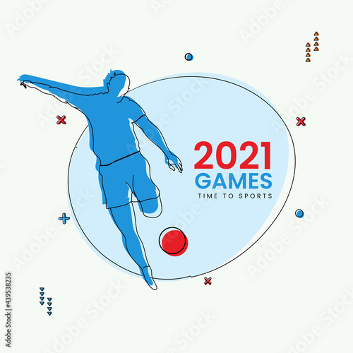 2021 Games Time To Sports Concept With Silhouette Para Athlete Hitting Ball On White And Blue Background.