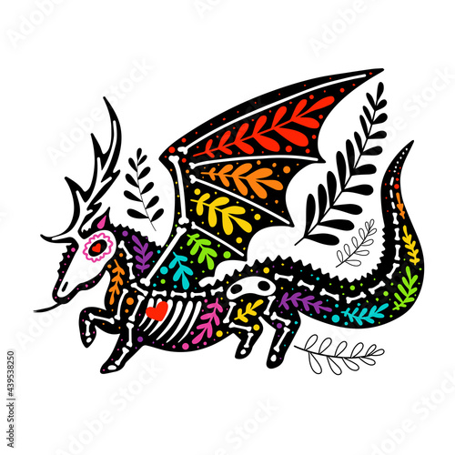 Wallpaper Mural Vector colorful postcard with animal. Dia de los Muertos, Day of the dead or Halloween concept. Winged dragon skeleton, with leaves, isolated on white background Torontodigital.ca