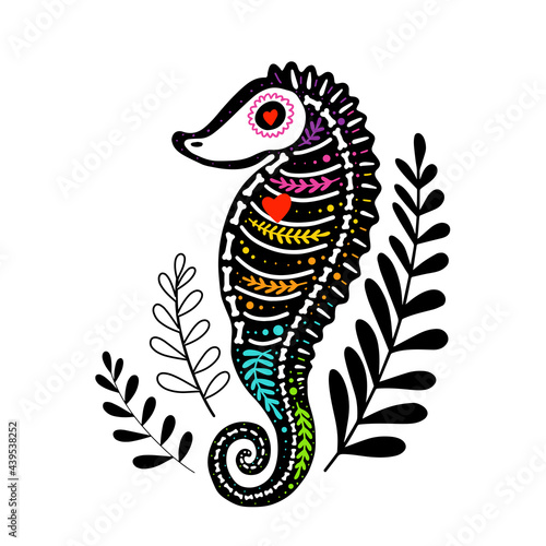 Wallpaper Mural Vector colorful postcard with animal. Dia de los Muertos, Day of the dead or Halloween concept. Sea horse skeleton, with leaves, isolated on white background Torontodigital.ca