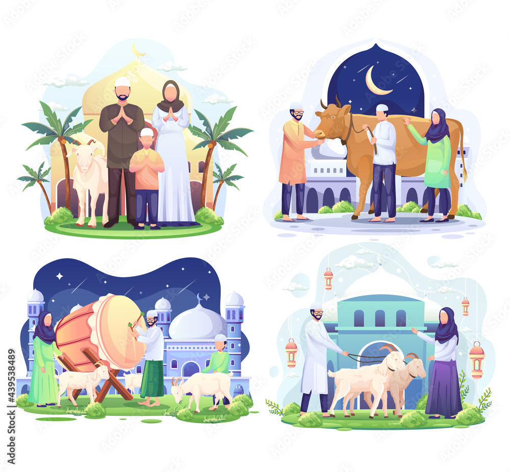 Naklejka premium Set Bundle of Happy Muslim family celebrates Eid Al Adha Mubarak with a goat in a front mosque. vector illustration
