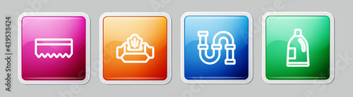 Set line Sponge, Wet wipe pack, Industry metallic pipe and Bottle for cleaning agent. Colorful square button. Vector