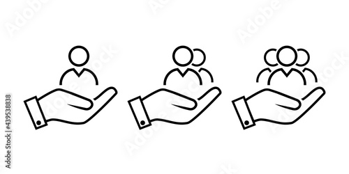 Set of hands holding business people icon. Group of people.  Teamwork. Employee protection. Illustration vector. 