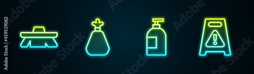Set line Brush for cleaning, Garbage bag, Dishwashing liquid bottle and Wet floor. Glowing neon icon. Vector