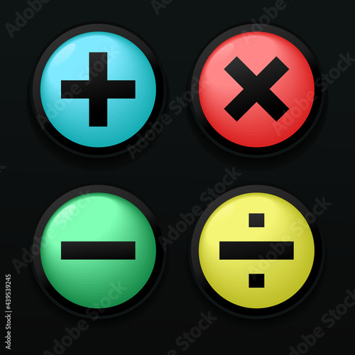 Calculator sign button. Plus, minus, multiplication, and division sign. Mathematical concept. Colorful button. Isolated on dark background. Illustration vector