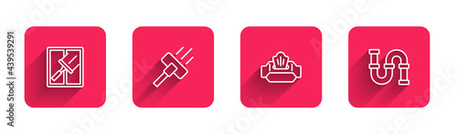 Set line Rubber cleaner for windows, Vacuum, Wet wipe pack and Industry metallic pipe with long shadow. Red square button. Vector