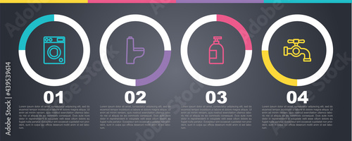 Set line Washer, Toilet bowl, Dishwashing liquid bottle and Water tap. Business infographic template. Vector