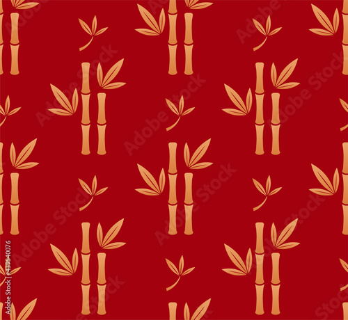 Chinese bamboo floral seamless vector pattern. Bamboo trees and leafs gold silhouettes on red background. Floral, oriental, japanese, asian background. Endless print texture.