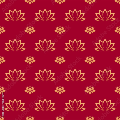 Chinese lotus seamless vector pattern. Gold silhouettes of lotus gold leafs and flowers on red background. Floral  oriental  japanese  asian vector background. Endless print texture.