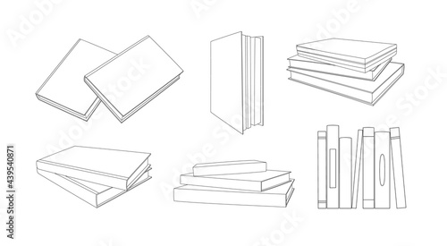 Vector illustration of different stacks of books. Line art. Hand-drawn set. The concept of objects for learning, reading. School tools. Suitable for book shops, a publishing houses.