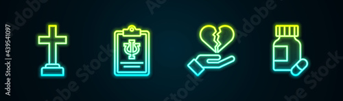 Set line Graves funeral sorrow, Psychology, Psi, Broken heart divorce and Sedative pills. Glowing neon icon. Vector