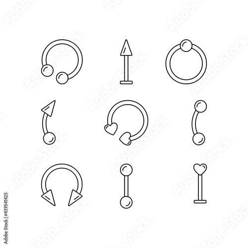 Body piercing jewelry. Flat line icons set isolated on white background. Vector illustration.