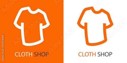 Logotipo con texto Cloth Shop con camiseta con forma de arco con lineas en fondo naranja y fondo blanco