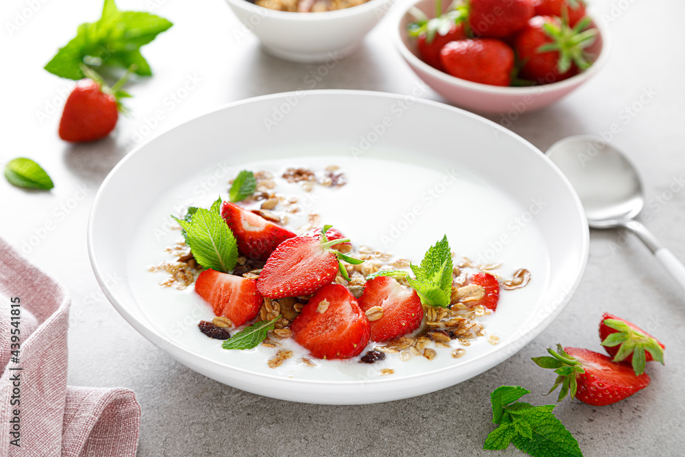 Strawberry granola with greek yogurt, nuts and fresh berries for breakfast Strawberry granola with greek yogurt, nuts and fresh berries for breakfast