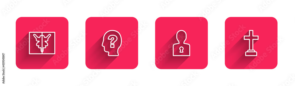 Set line Rorschach test, Head with question mark, Solution to the problem and Graves funeral sorrow with long shadow. Red square button. Vector Set line Rorschach test, Head with question mark, Solution to the problem and Graves funeral sorrow with long shadow. Red square button. Vector