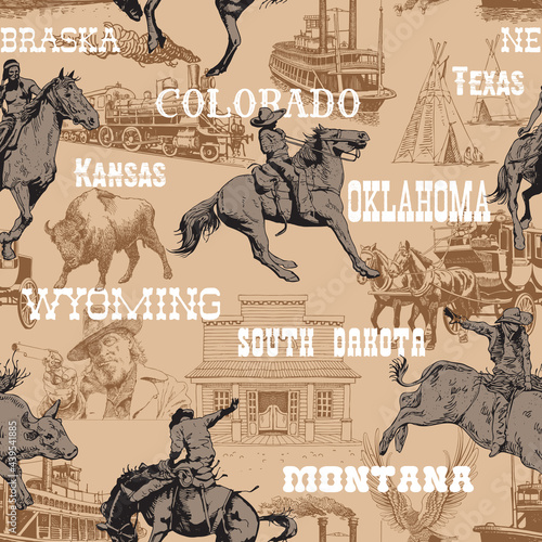 vector image of seamless texture wild west rodeo cowboys print on fabric paper