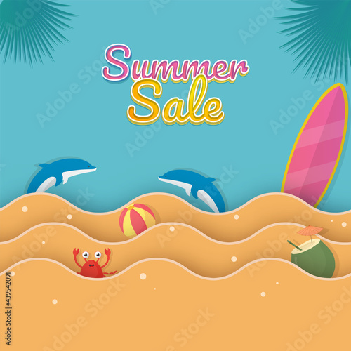 Summer Sale Poster Design With Beach Elements And Paper Cut Waves On Blue Background.