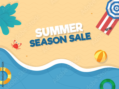 Summer Season Sale Poster Design With Top View Of Beach Background.