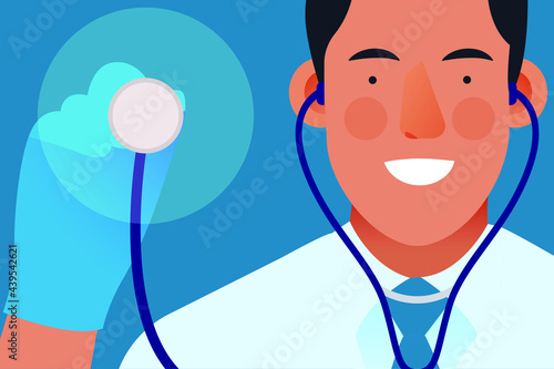 Happy Medical Specialist Holding Stethoscope on Dark Background. Modern Flat Vector Illustration. Medical Insurance Website Banner. Social Media Template.