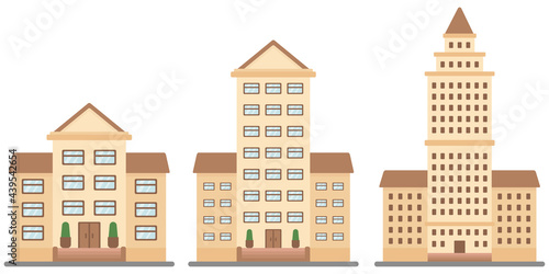 Modern tall building, town house set. Flat vector illustration.