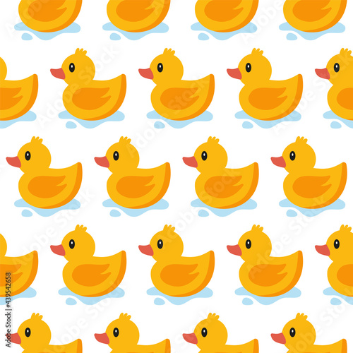 Cute seamless pattern with yellow rubber duck on white background. Duck toy baby shower illustration.