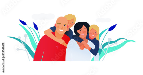Family Health and Wellness. Modern Flat Vector Illustration. Happy Family of Parents and Children on Abstract Background. Modern Flat Vector Design Template. 