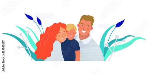 Family Health and Wellness. Modern Flat Vector Illustration. Happy Family of Parents and Child on Abstract Background. Modern Flat Vector Design Template. 