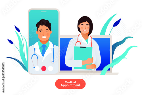 Medical Insurance. Modern Flat Vector Illustration of Doctors on a Screen of Smartphone and Laptop on Abstract Background. Medical Appointment Through Device Concept.