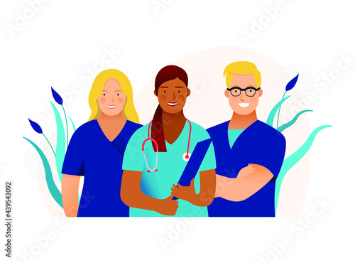 Medical Insurance. Internship Jobs. Modern Flat Vector Concept Illustration. Young Medical Specialists Standing Together, Team of Interns on Abstract Background.