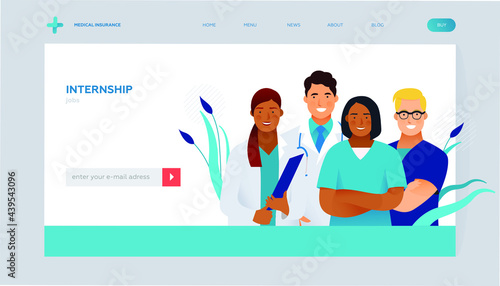 Internship Jobs. Modern Flat Vector Concept Illustration. Young Medical Specialists Standing Together, Team of Interns. Insurance Landing Page Design Template. Website Banner. 