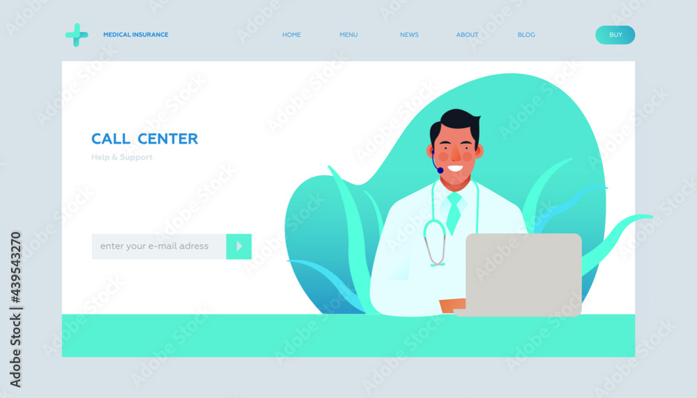 Call Center. Help and Support. Modern Flat Vector Illustration. Medical Specialist Wearing Headset with Laptop on Abstract Background. Insurance Landing Page Design Template. Website Banner. 