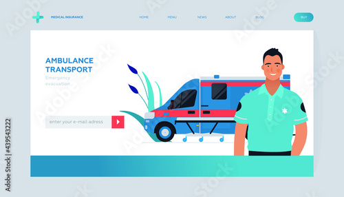 Driver Standing near Ambulance Transport. Emergency Evacuation. Modern Flat Vector Concept Illustration. Insurance Landing Page Design Template. Website Banner.