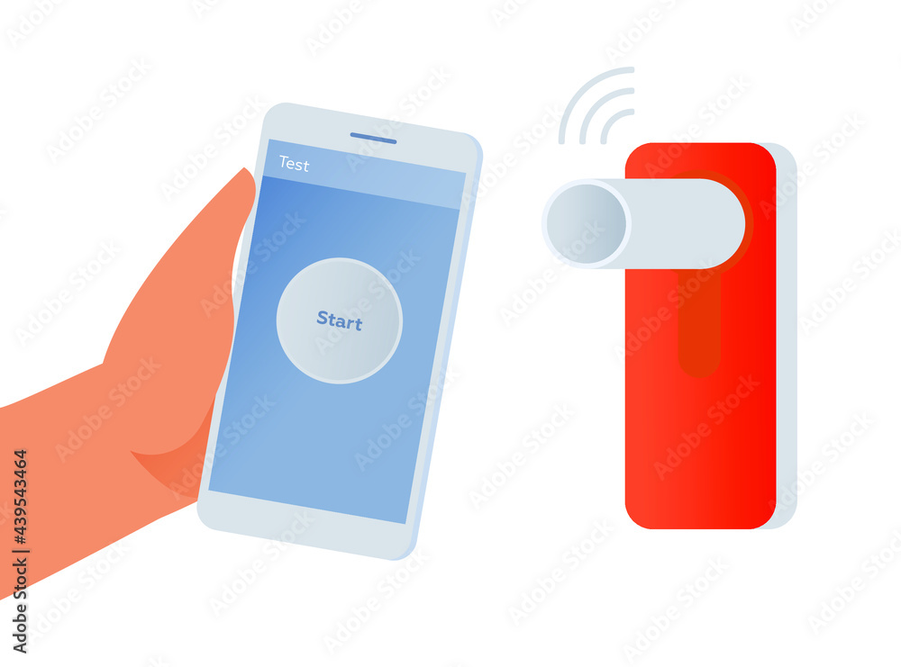 Wireless Home Spirometer Medical Device in Color with Connection via Smartphone Isolated on White Background. Hand Holding Smartphone with Medical Application. Wireless Home Spirometer Medical Device in Color with Connection via Smartphone Isolated on White Background. Hand Holding Smartphone with Medical Application.