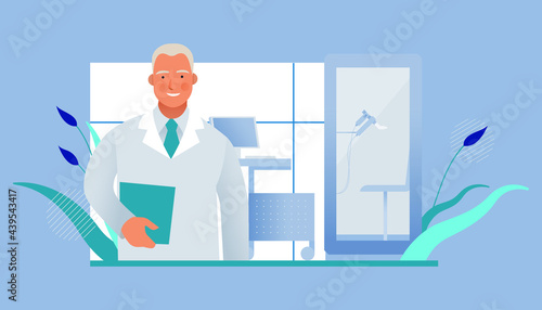 Male Doctor Standing near Pulmonary Testing Equipment. Plethysmography in Medical Office or Laboratory. Respiratory Diseases. Modern Flat Vector Illustration. Website Banner, Landing Page Template.