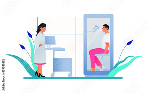 Female Doctor Standing near Plethysmography Testing Equipment with Male Patient in It. Plethysmography in Medical Office or Laboratory. Respiratory Diseases. Modern Flat Vector Illustration.