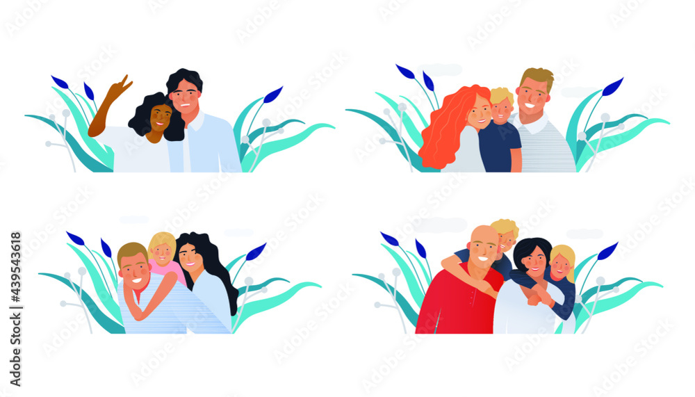 Set of Medical Insurance Template. Modern Flat Vector Illustration. Happy Families of Parents and Children, Embracing Together on Abstract Background. 