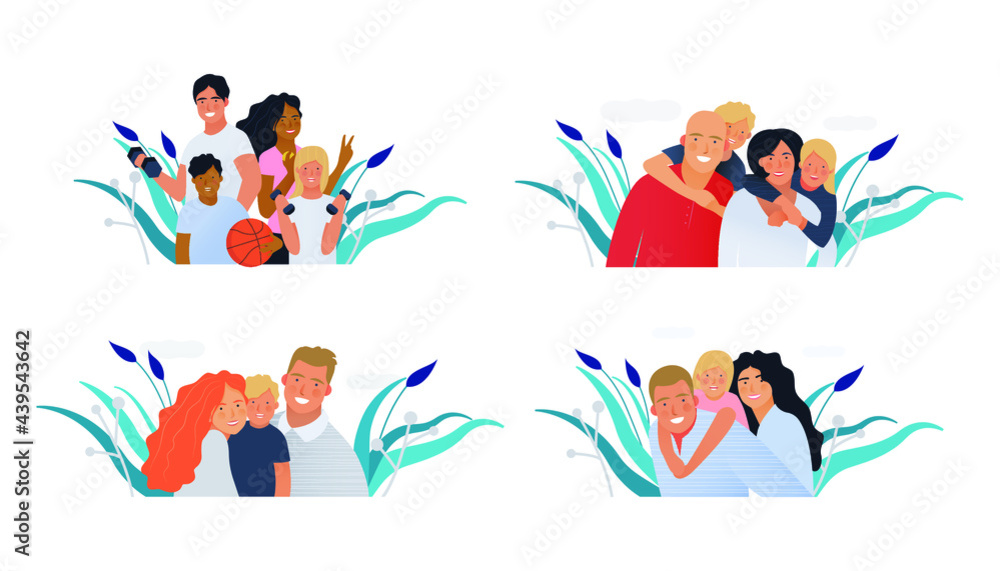 Set of Medical Insurance Template. Modern Flat Vector Illustration. Happy Families of Parents and Children, Embracing Together or Holding with Sport Equipment on Abstract Background. 