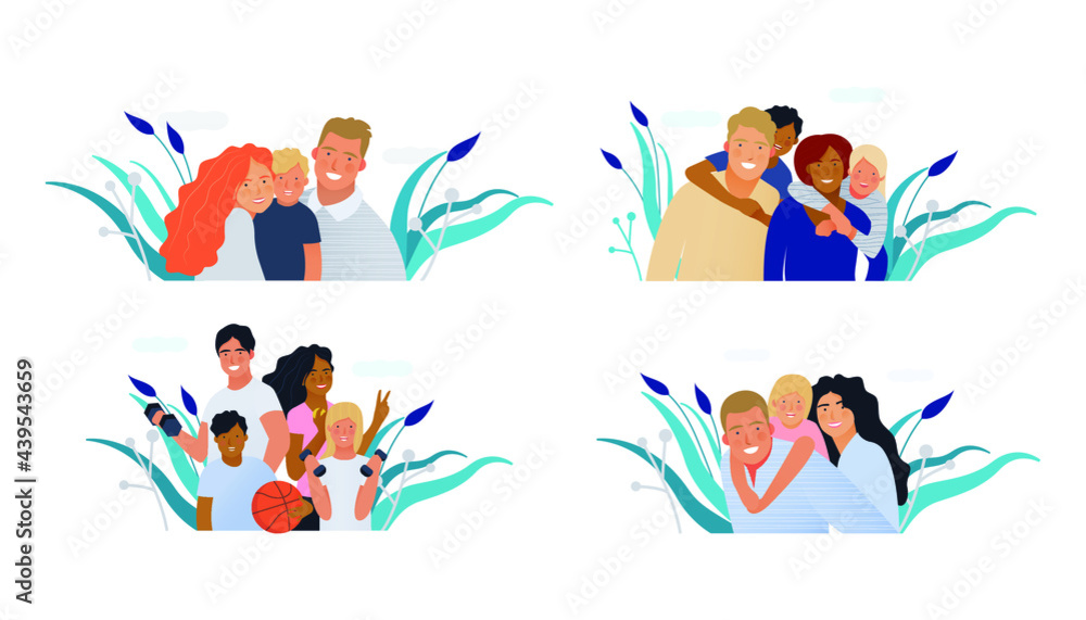Set of Medical Insurance Template. Modern Flat Vector Illustration. Happy Families of Parents and Children, Embracing Together or Holding with Sport Equipment on Abstract Background. 