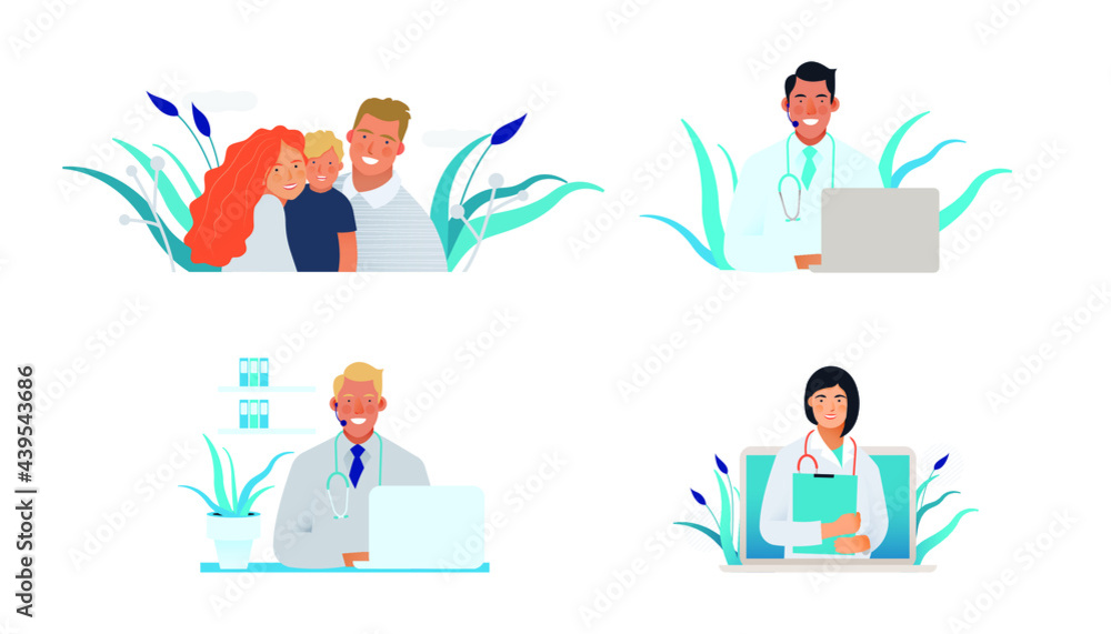 Set of Modern Flat Medical Insurance Illustrations. Happy Family, Call Center, Medical Appointment. Set of Modern Flat Medical Insurance Illustrations. Happy Family, Call Center, Medical Appointment.