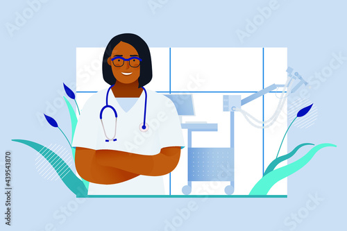 Female Doctor Standing near Pulmonary Testing Equipment. Plethysmography in Medical Office or Laboratory. Respiratory Diseases. Modern Flat Vector Illustration. Website Banner, Landing Page Template.