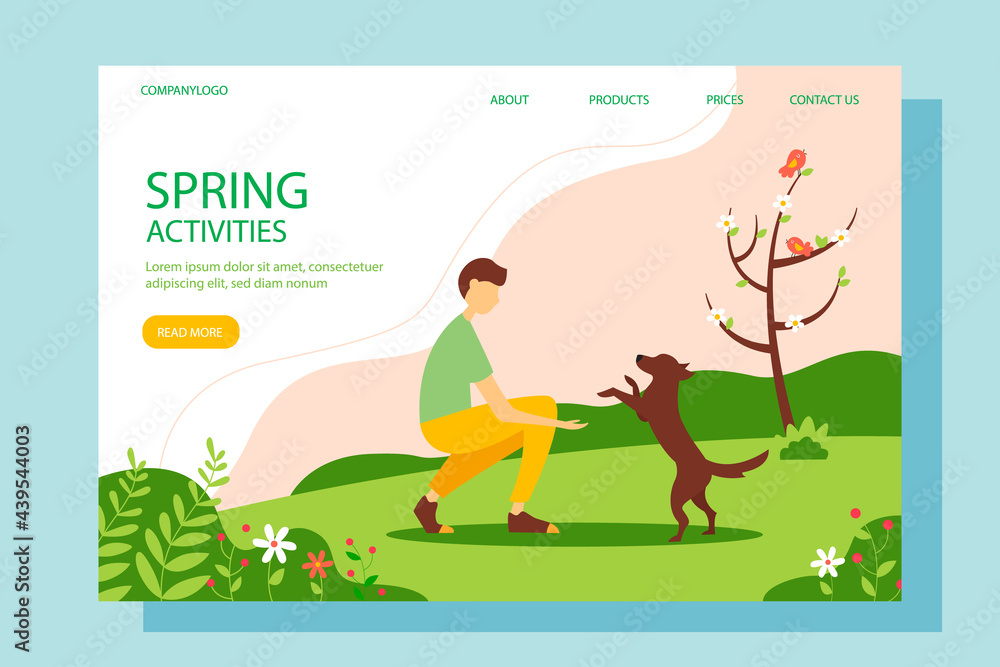 Man playing with a dog in the park. Landing page template. Conceptual illustration of outdoor recreation, active pastime. Spring illustration in flat style. Man playing with a dog in the park. Landing page template. Conceptual illustration of outdoor recreation, active pastime. Spring illustration in flat style.