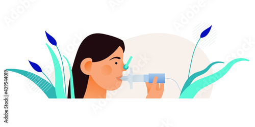 Young Female Doing Pulmonary Function Test on Abstract Background. Modern Flat Vector Illustration. Lung Function Test on Patient.