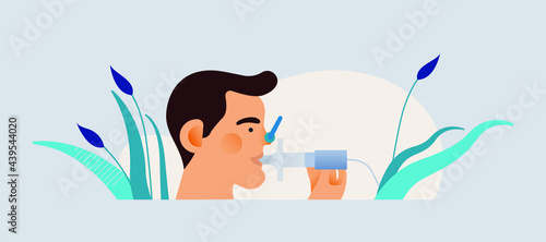 Young Male Doing Pulmonary Function Test on Abstract Background. Modern Flat Vector Illustration. Lung Function Test on Patient.