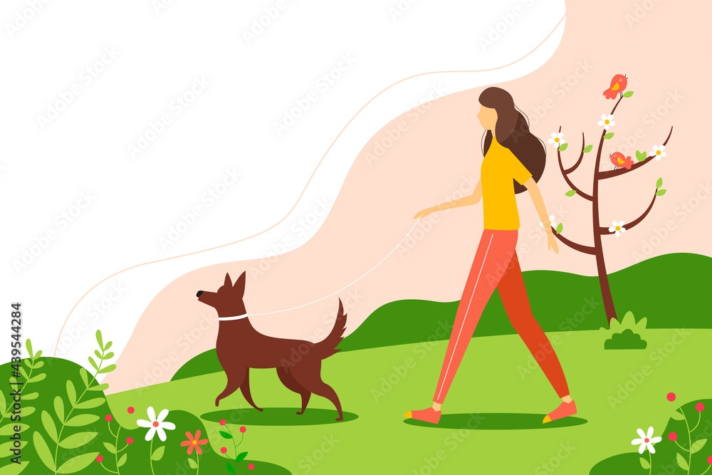 Fototapeta premium Woman walking with the dog in the Park in spring. The concept of an active lifestyle, outdoor recreation. Cute illustration in flat style.